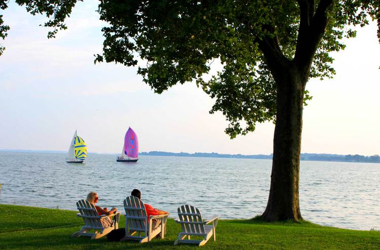 People sitting on chairs looking at bay with boats