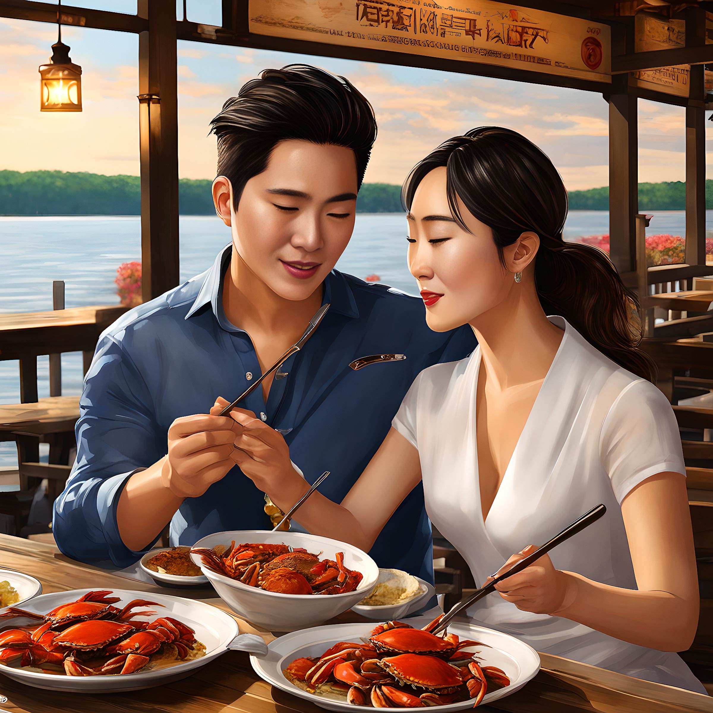 Man and woman enjoying Maryland steamed crabs