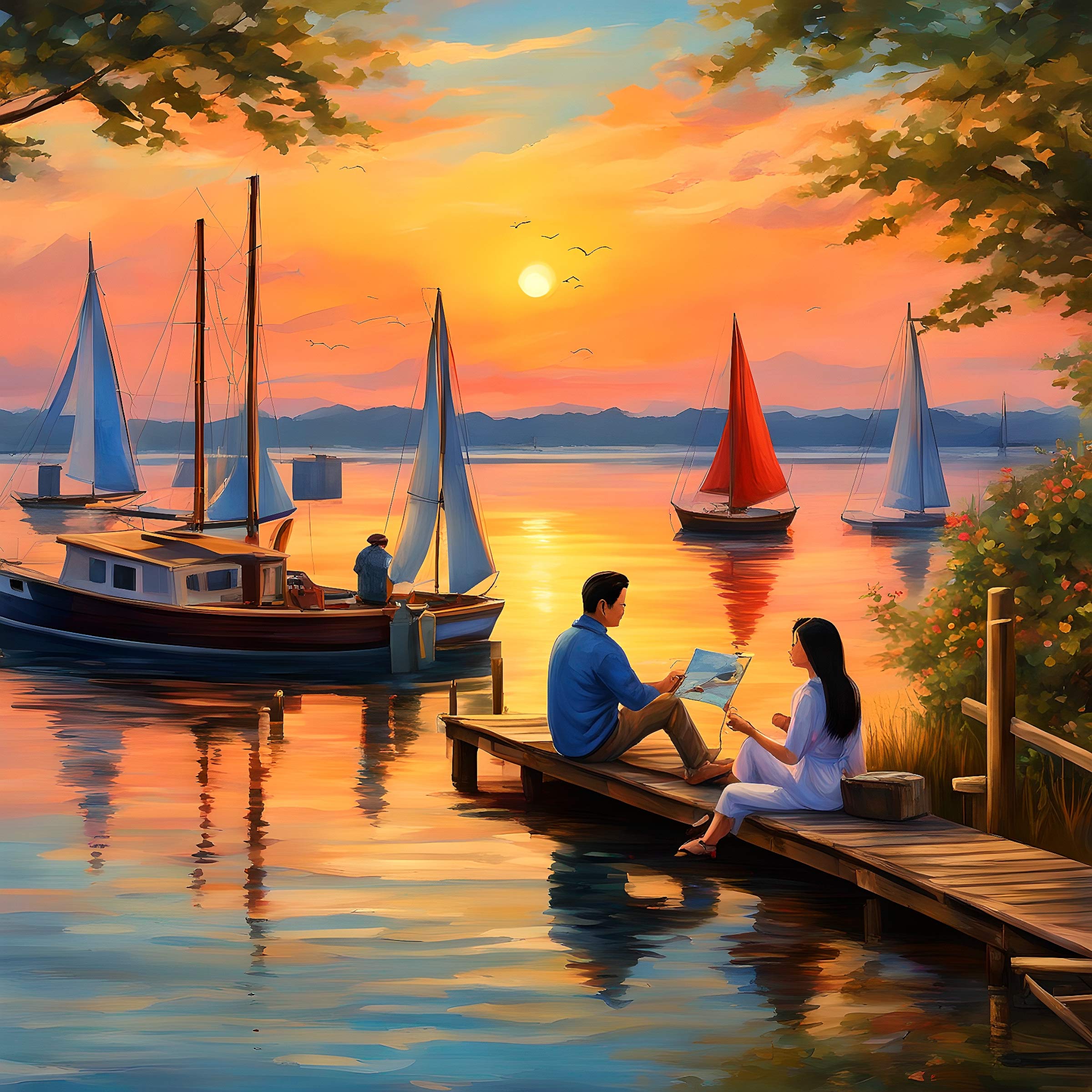 Young couple sitting on a dock painting at sunset