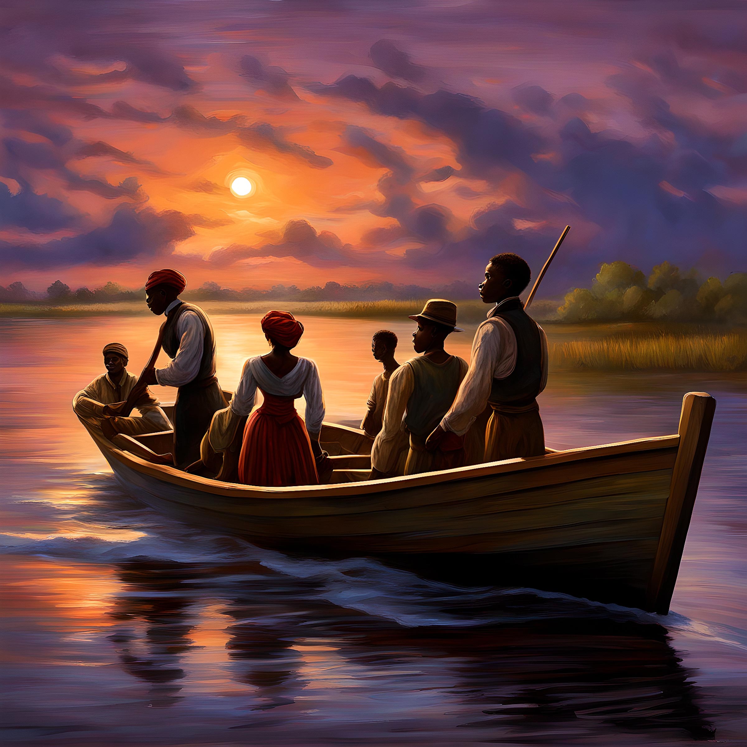 A wooden boat travels down a river at dusk with six passengers