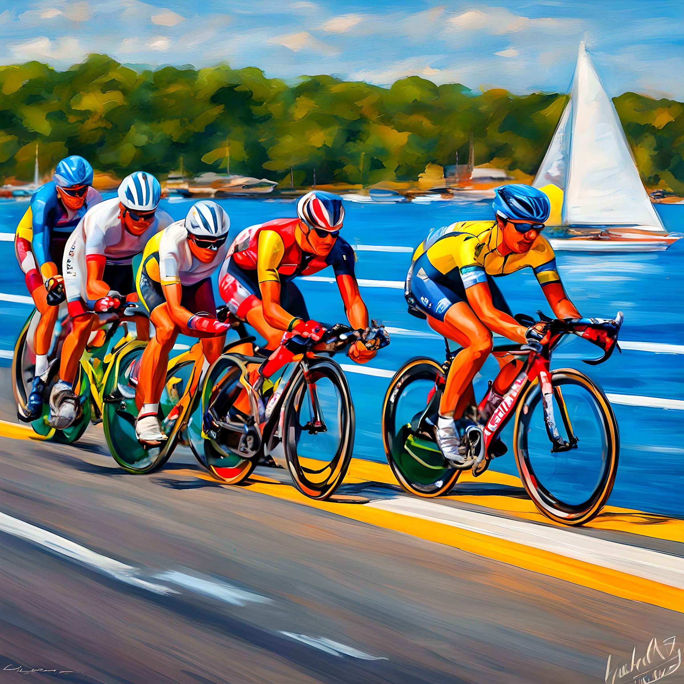 Five bikers racing bikes near the Chesapeake Bay