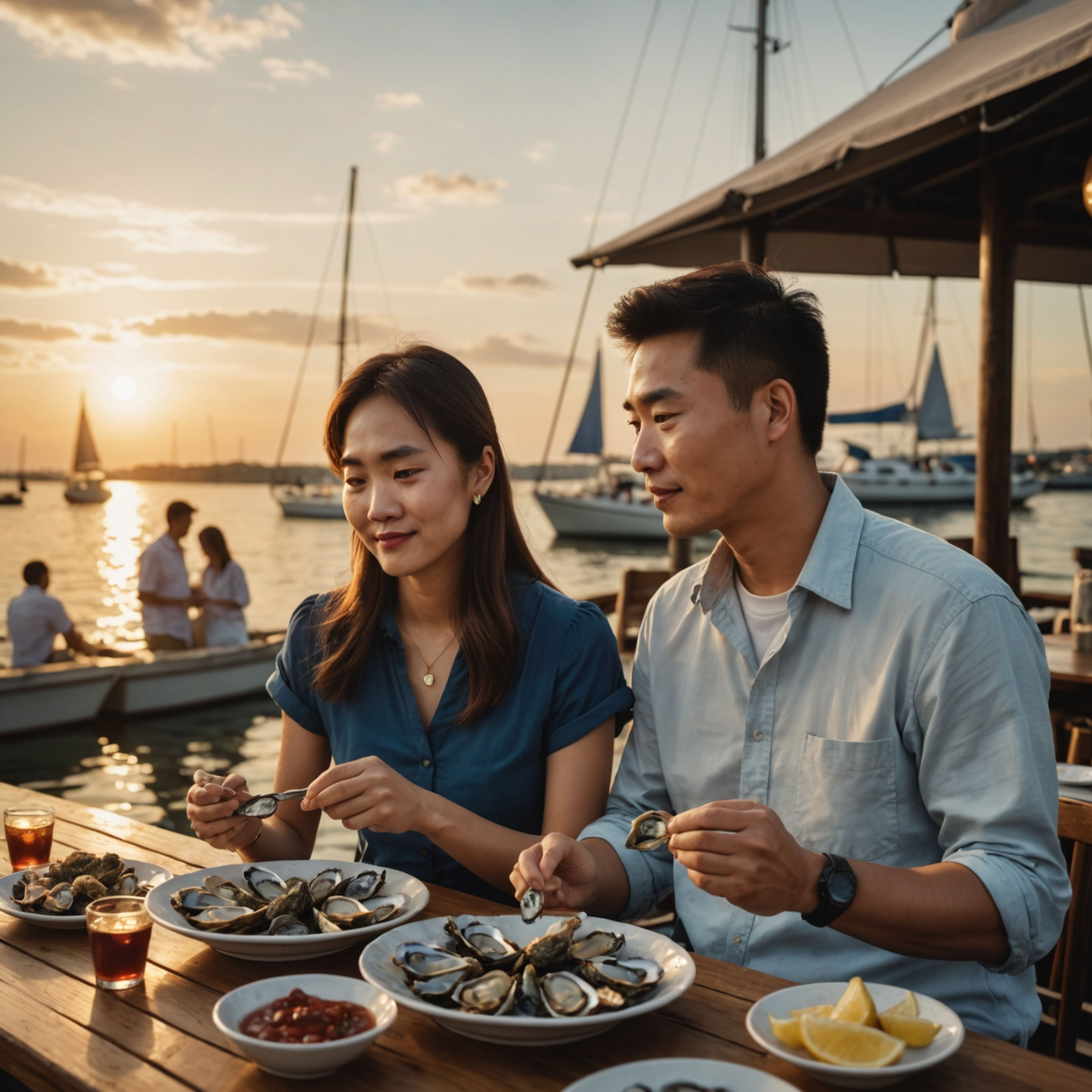 Couple eats oysters on the half shell at a waterfront restaurant