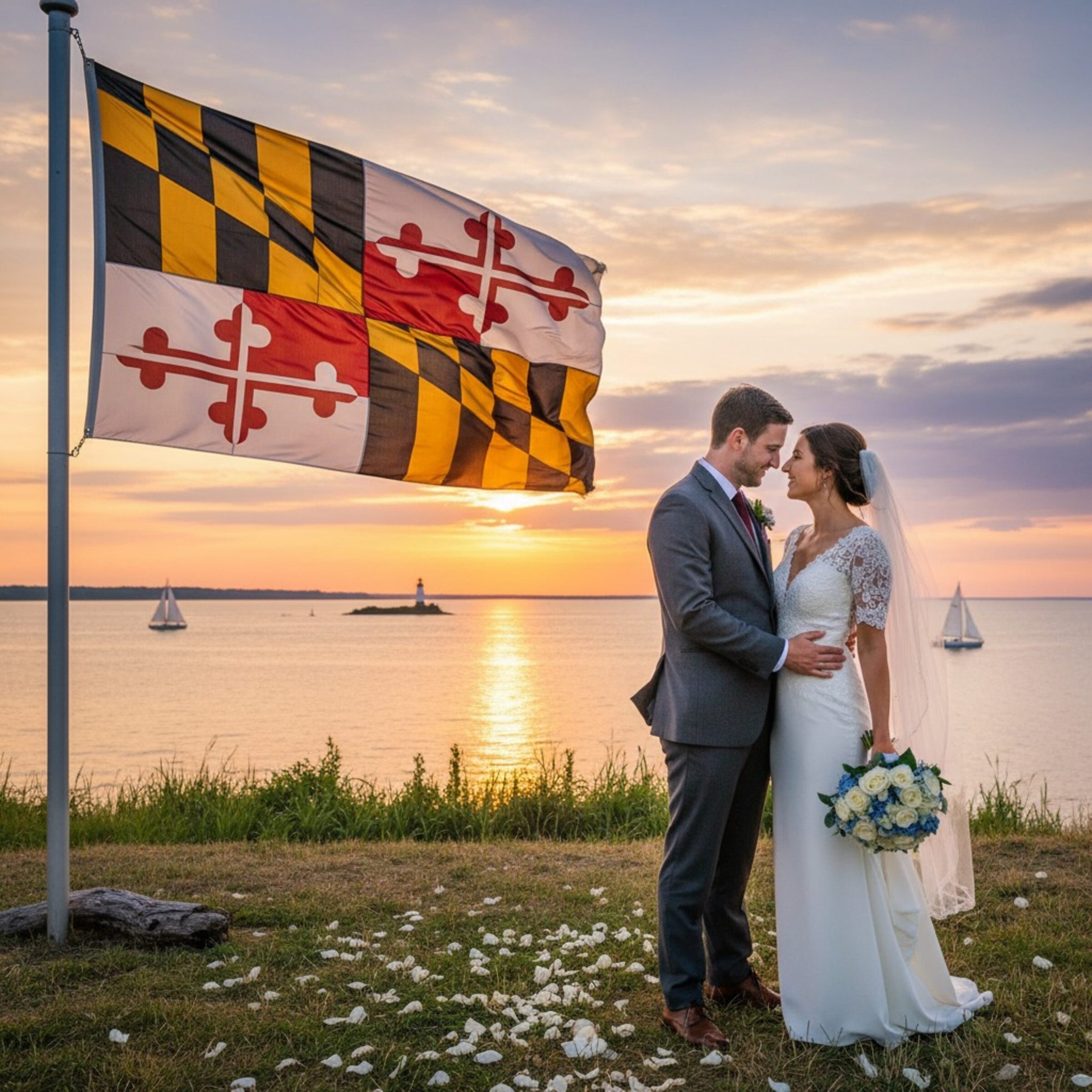 A newly married couple in Maryland by the Chesapeake Bay at Sunset