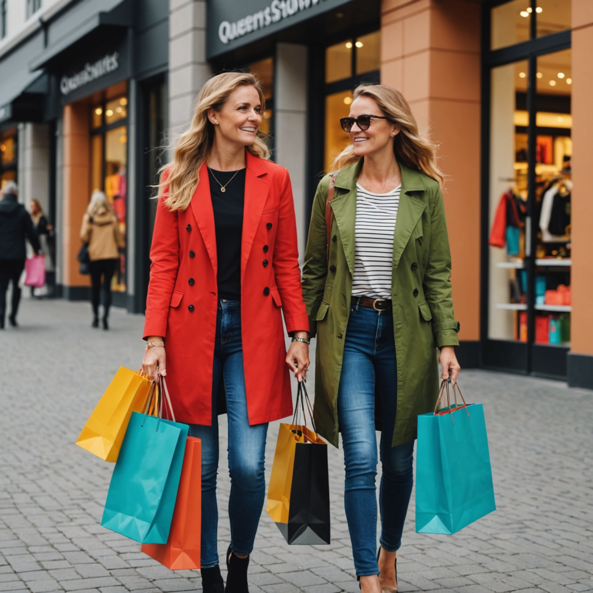 Two women shopping with colorful shopping bags