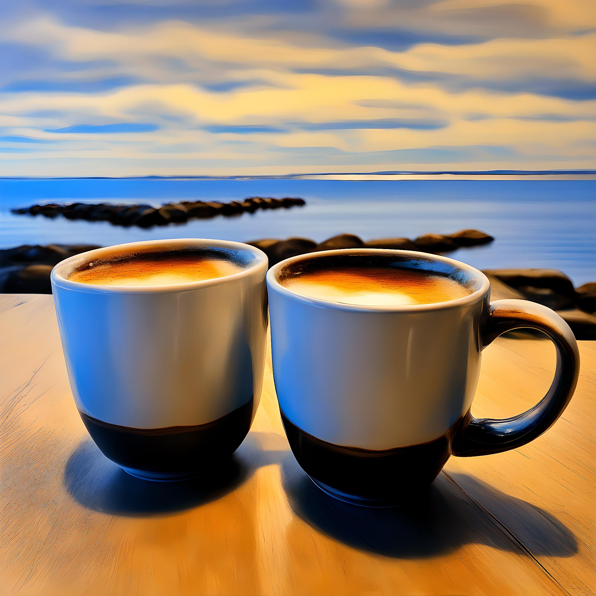 Two coffee mugs filled with coffee with the Chesapeake Bay in the distance.