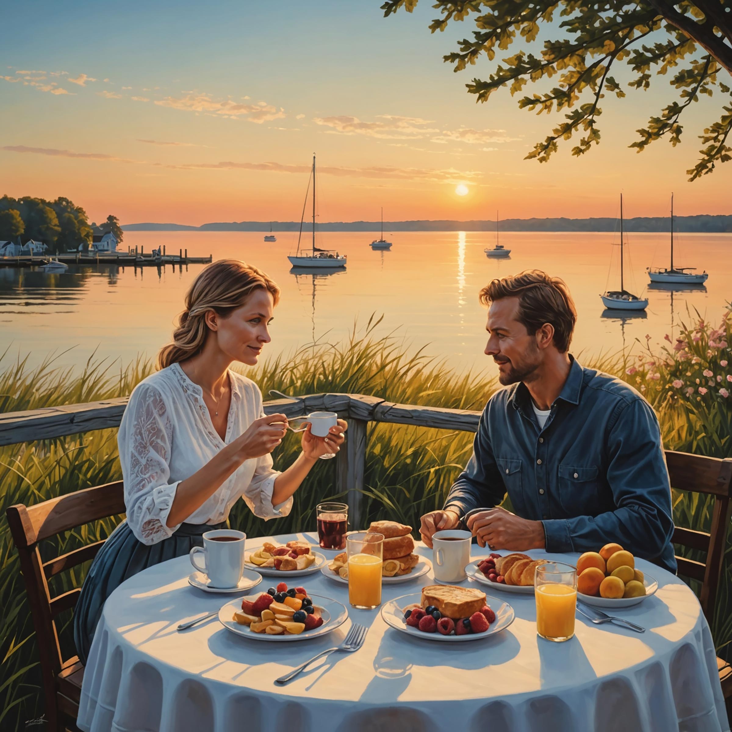 A couple has a romantic breakfast by the Chesapeake Bay