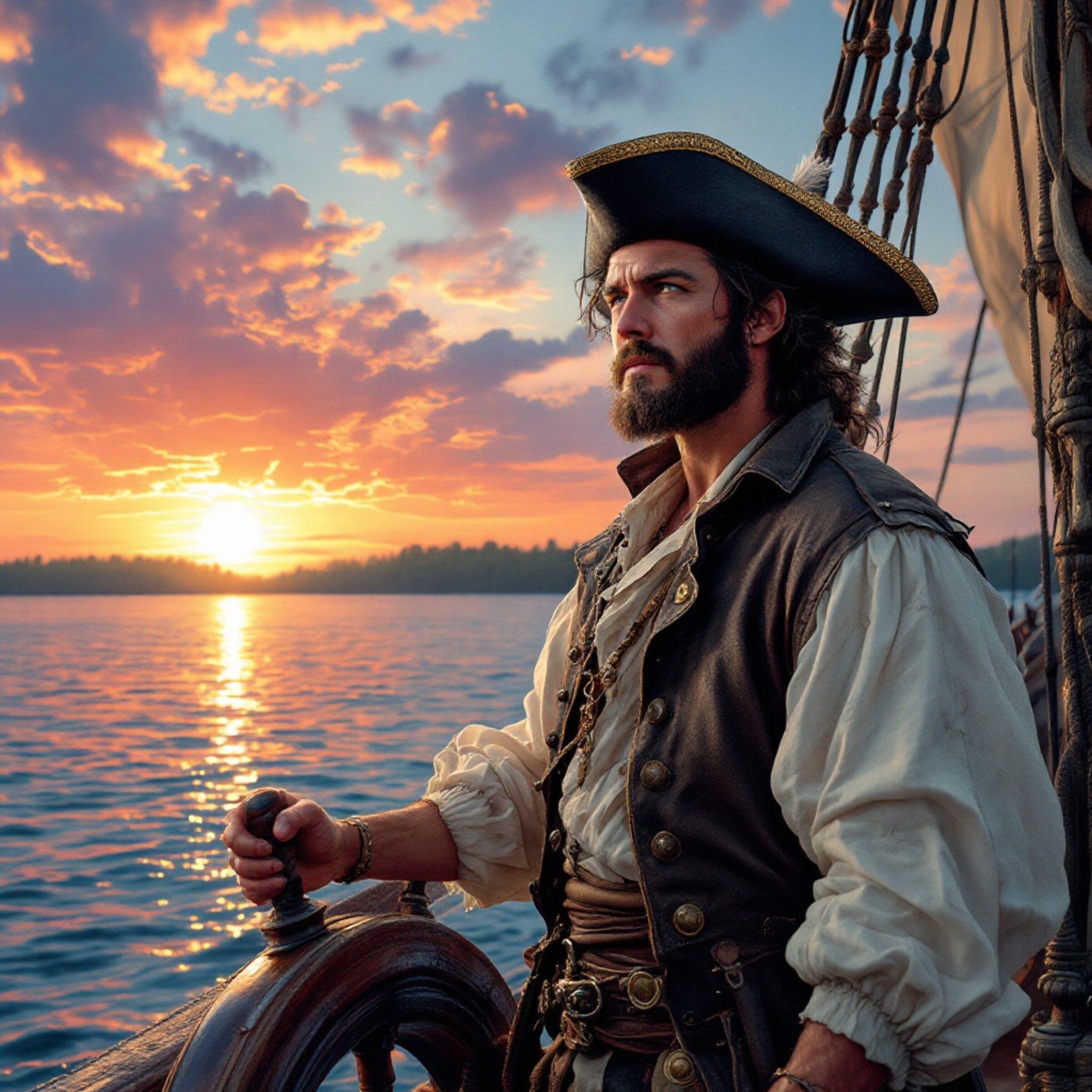 A captain sails up the Chesapeake Bay at sunrise.