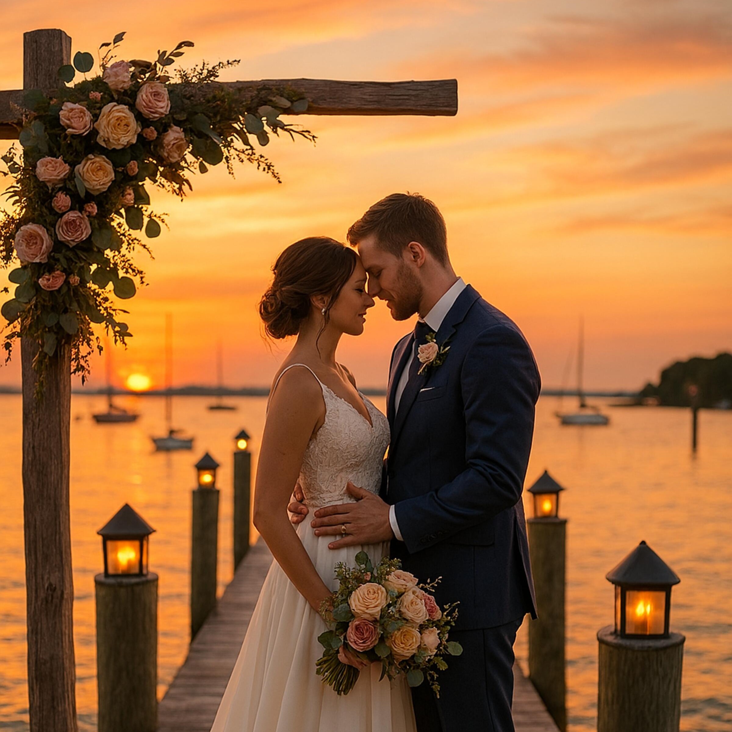 Romantic setting by the bay for a couple's wedding at sunset