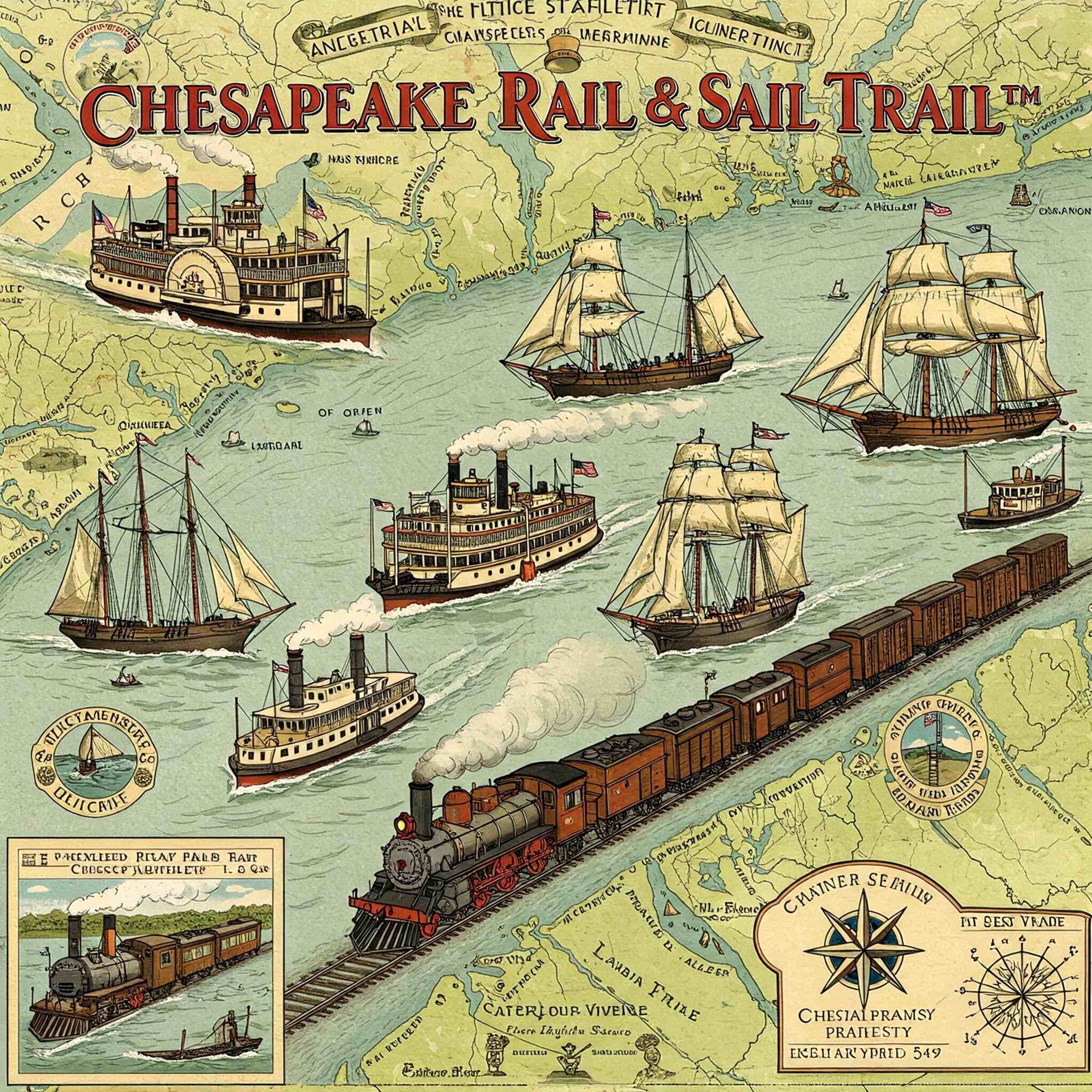 Old style map showing Chesapeake Rail & Sail Trail picture with sailboats, steamships, and trains.