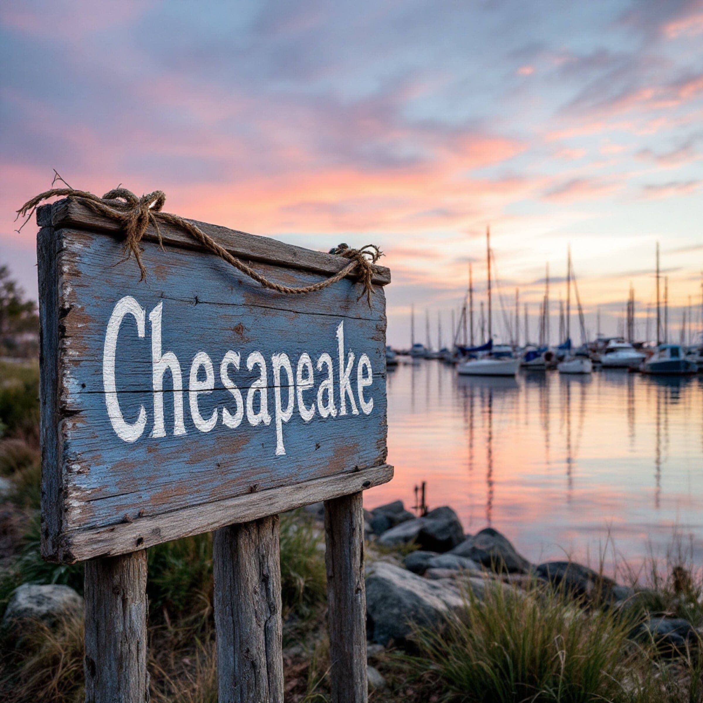 An old wooden sign with the word Chesapeake is situated by a marina at sunrise