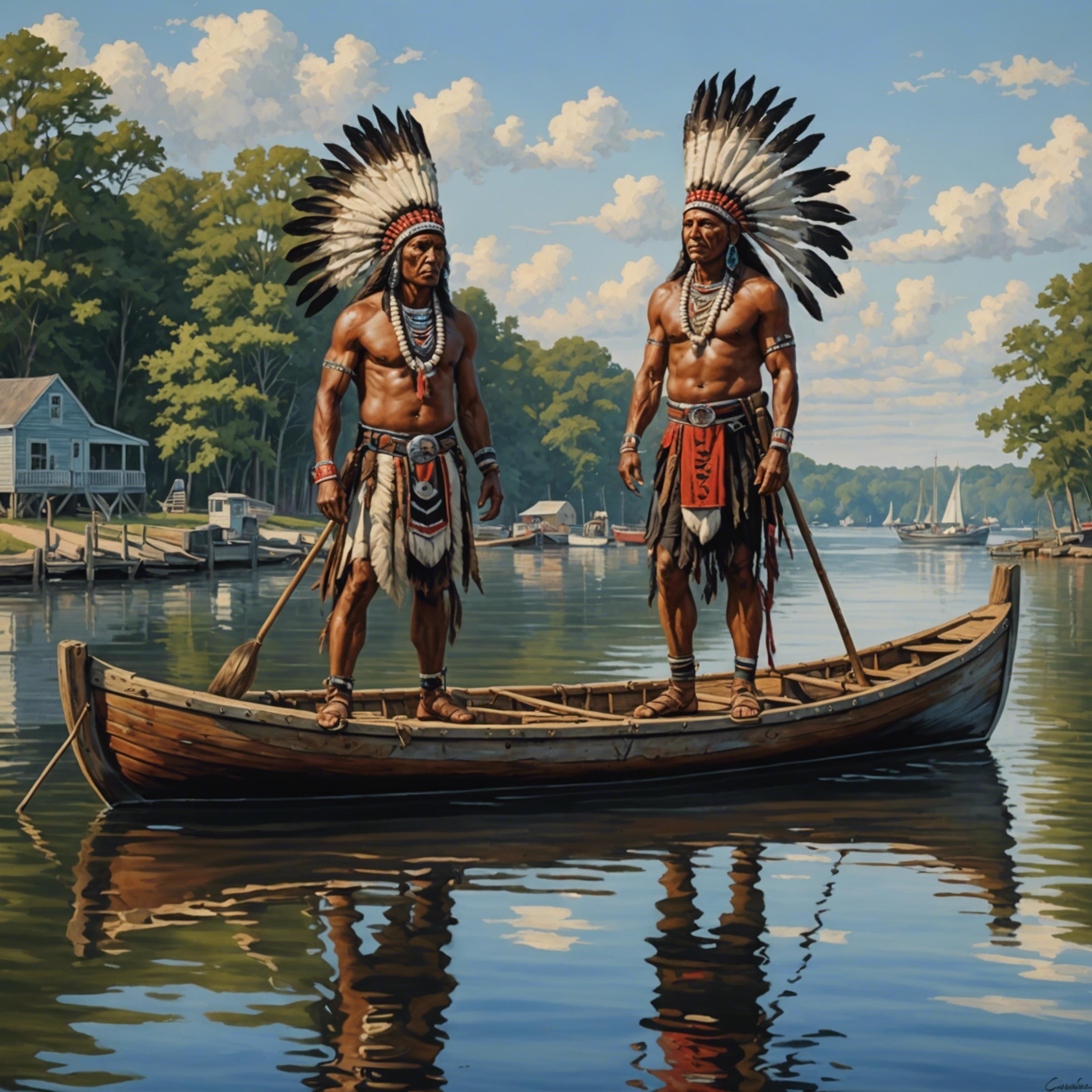 Native Americans on a boat near Chesapeake Bay