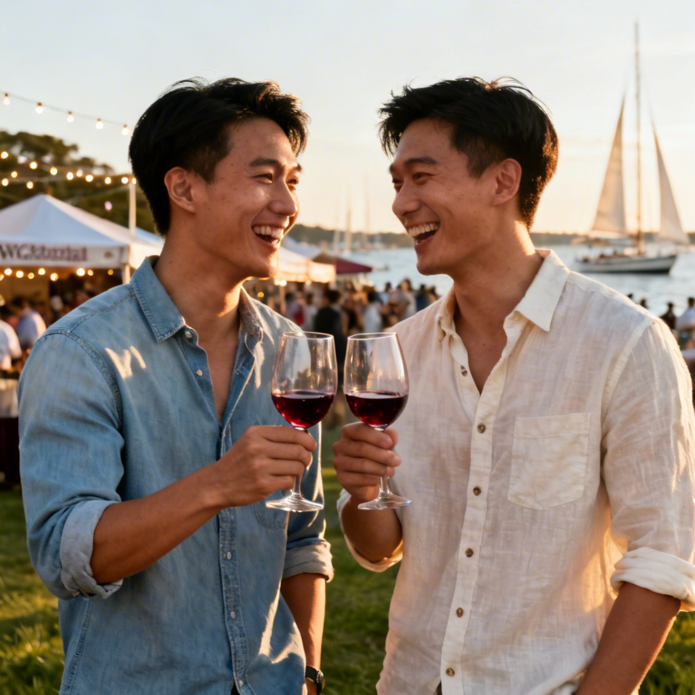 Two men enjoying red wine by the Chesapeake Bay