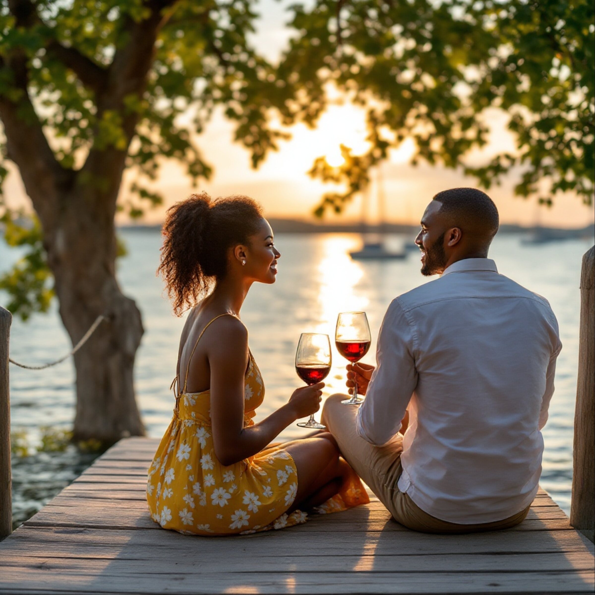 A happy couple enjoys drinking wine by the Chesapeake Bay