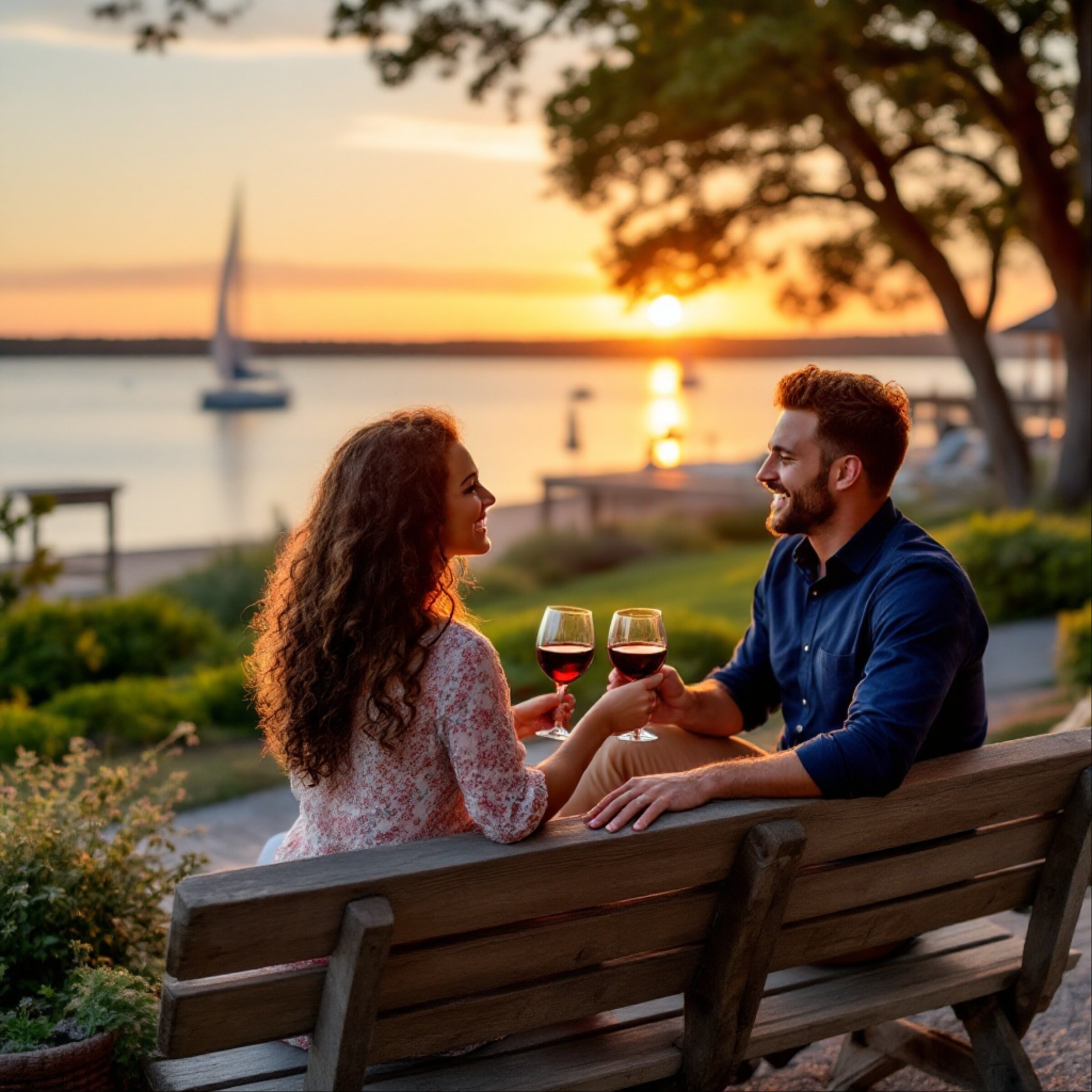 Couple enjoys drinking wine by the beach in Maryland