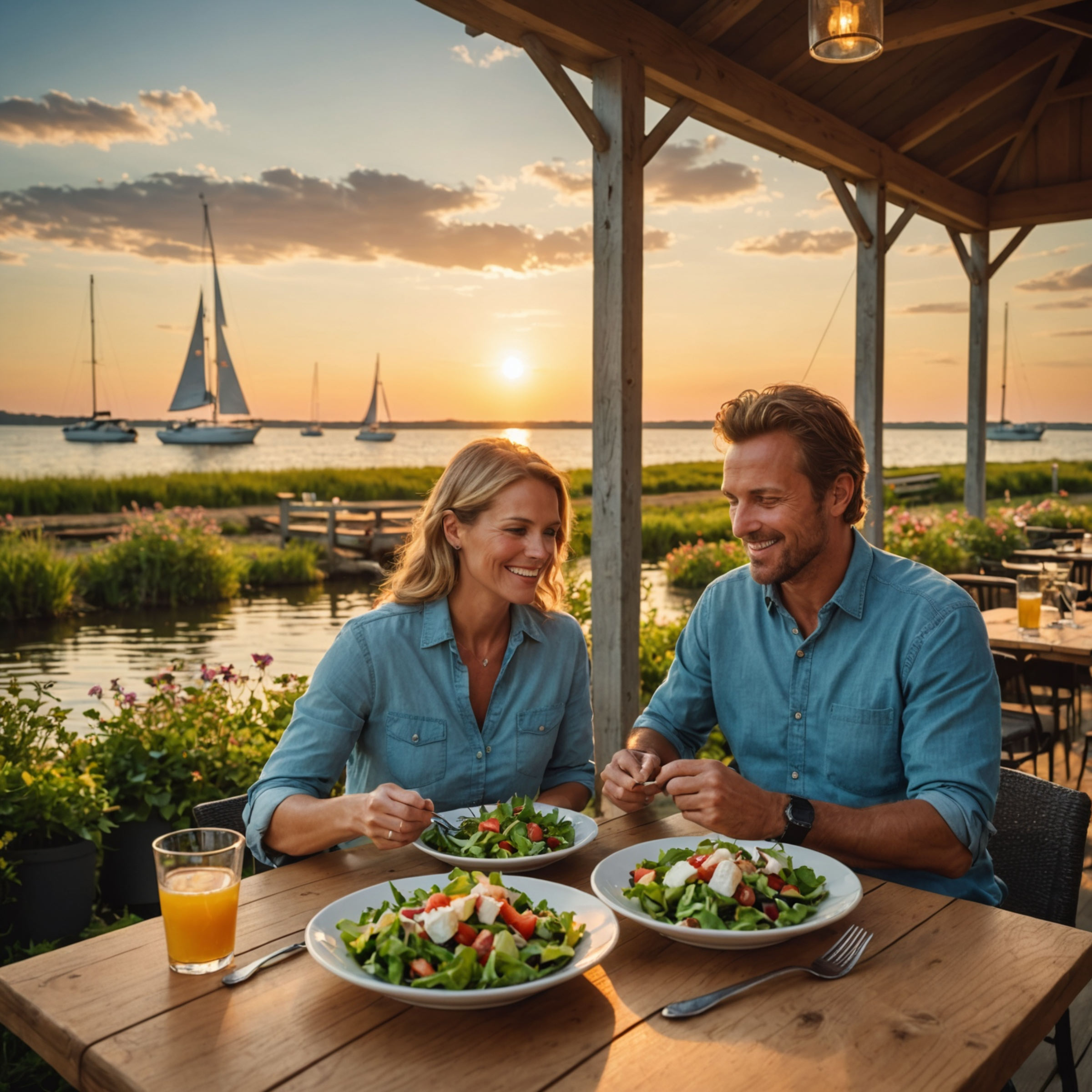 Couple eating salad by the Chesapeake Bay in Maryland