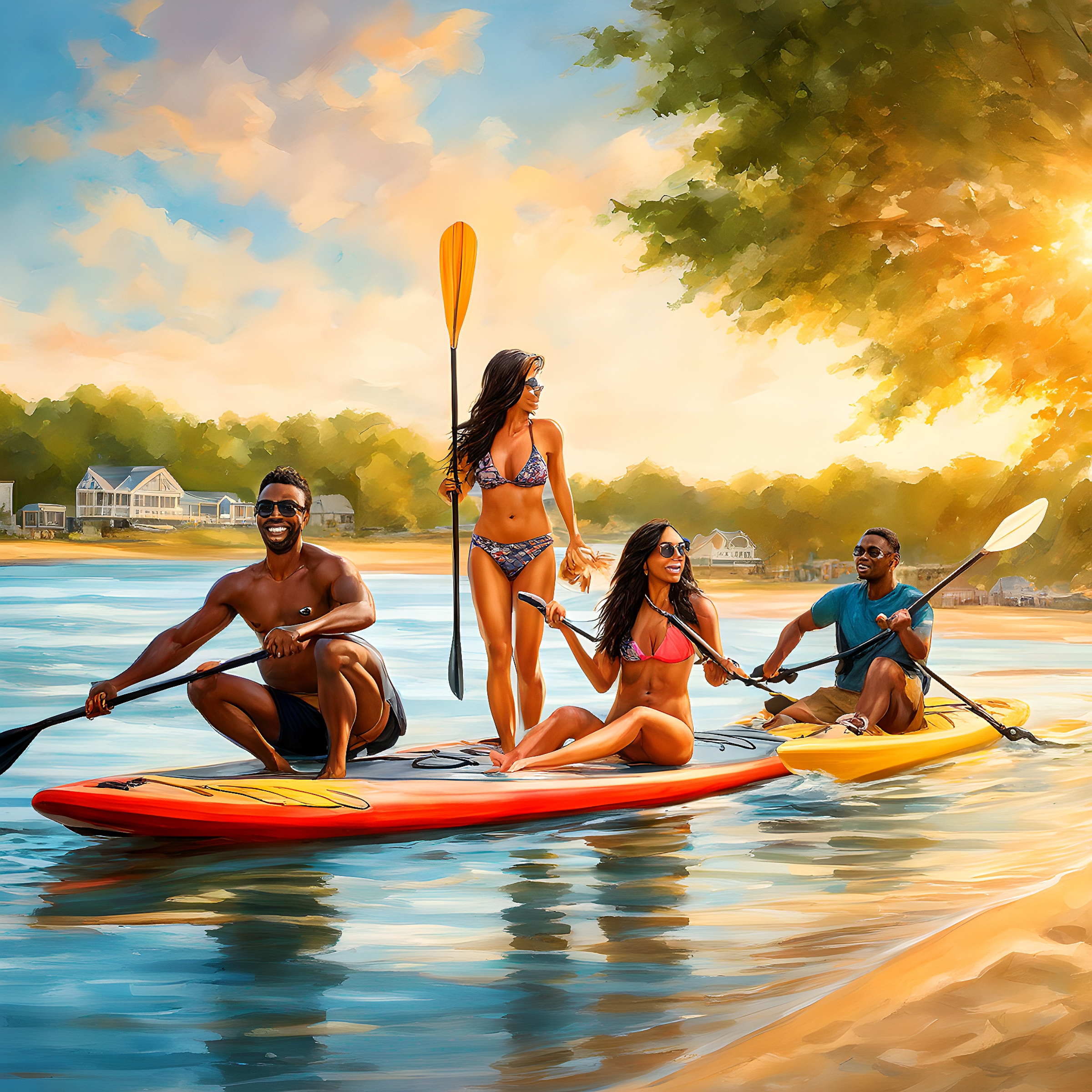 Two men and two women enjoying kayaking and paddleboarding