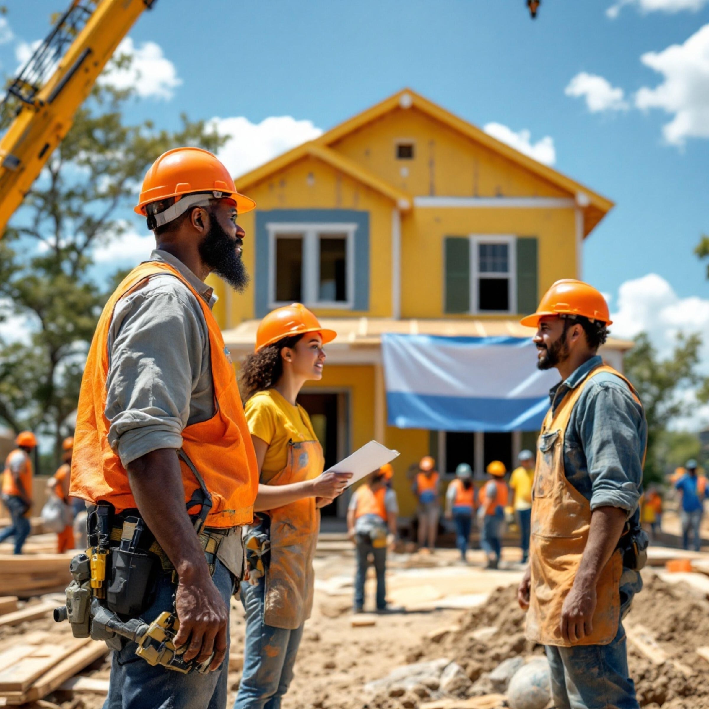 A group of volunteers building a home for charity