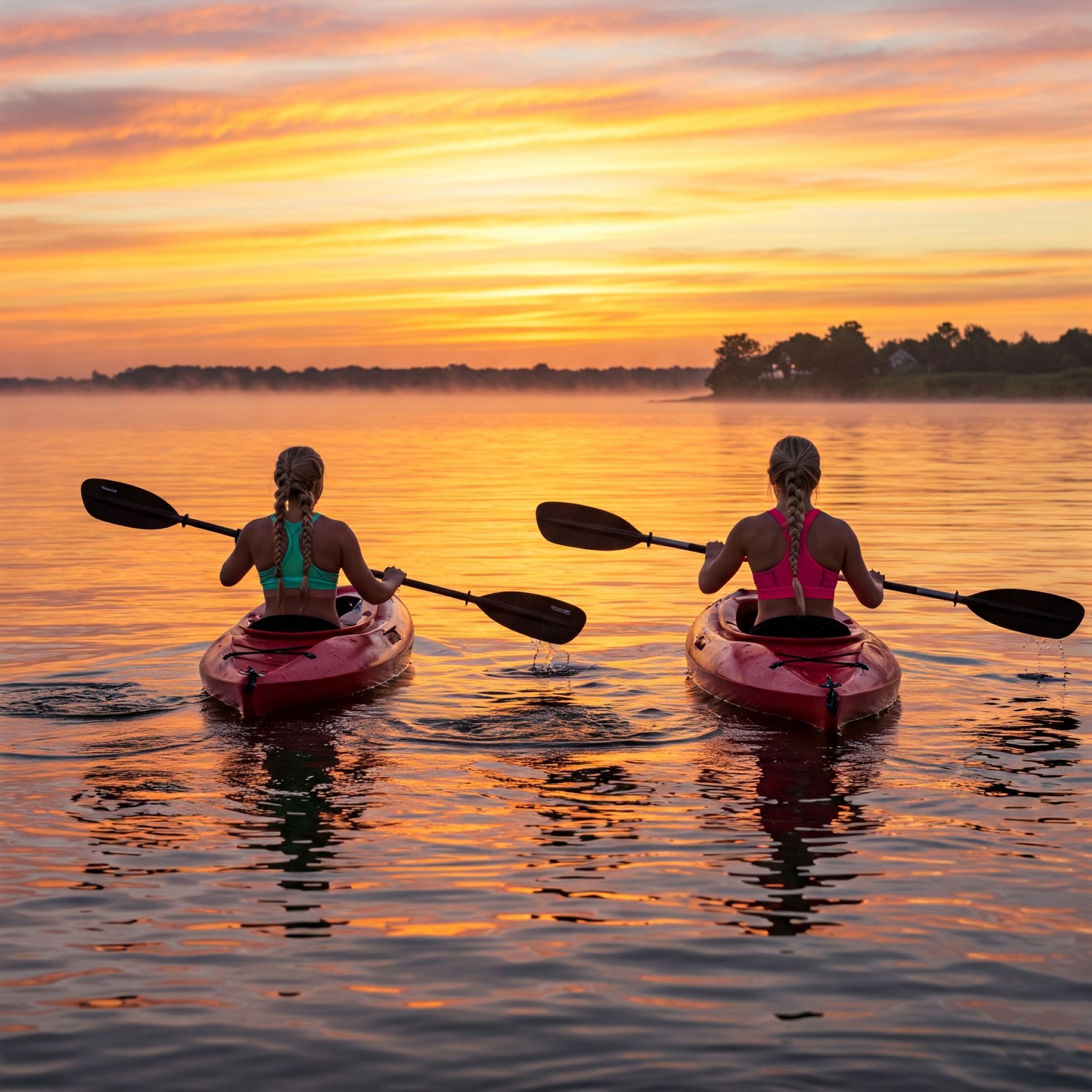 two women kayaking at sunrise with orange a peach-colored sky and water