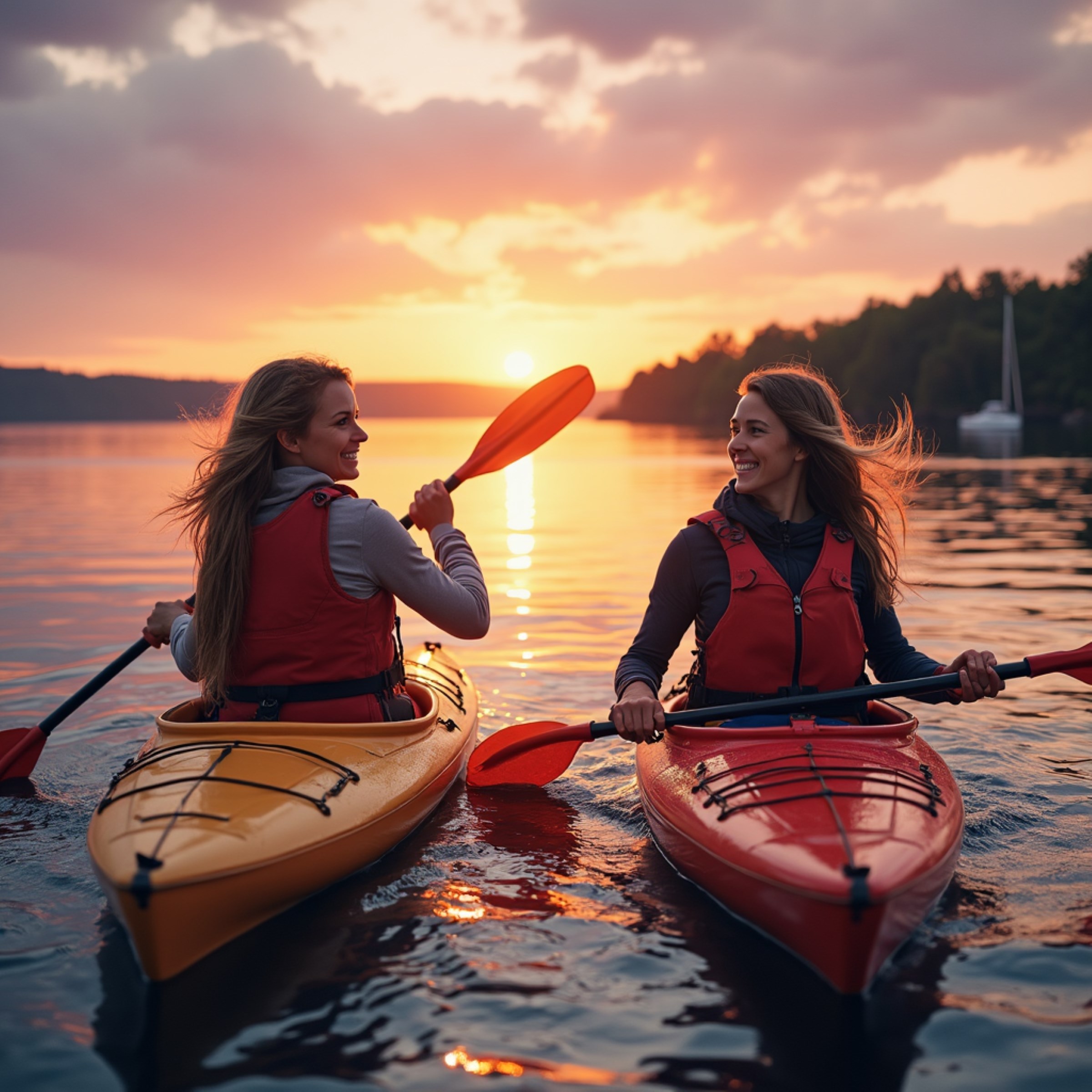 Two women friends kayak on the Chesapeake Bay