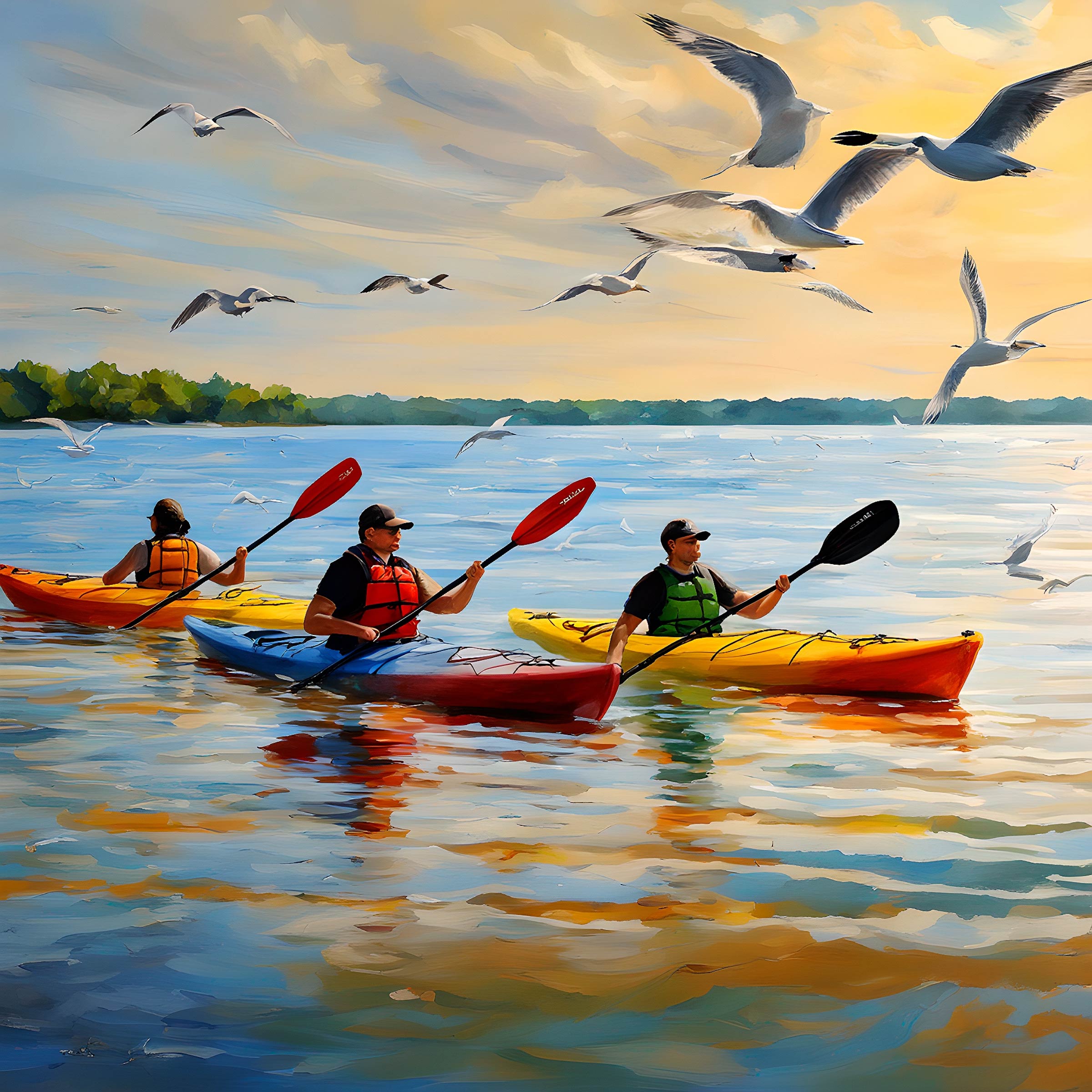 Three people kayaking on the Chesapeake Bay with seagulls flying overhead