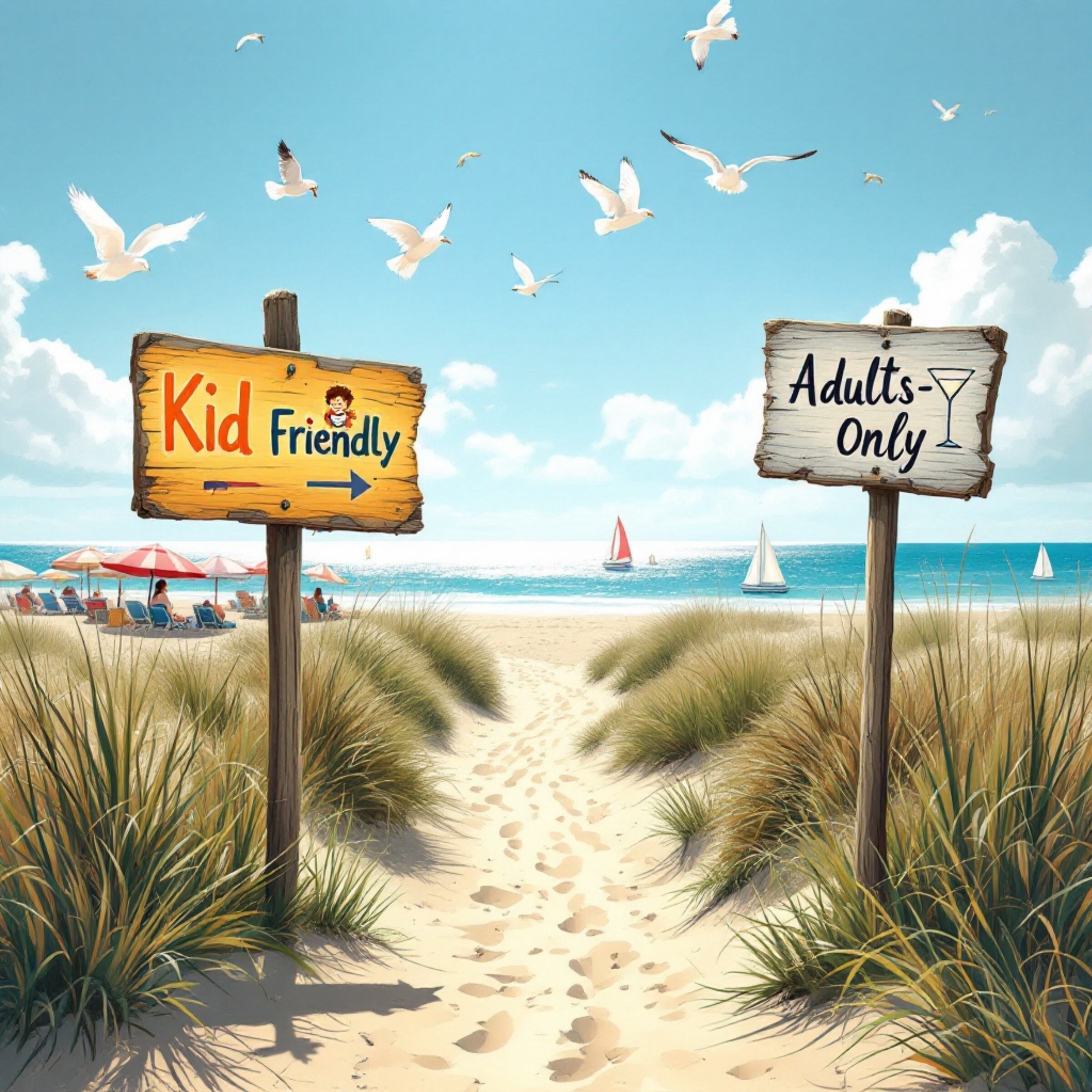 Signs on a beach pointing to Kid Friendly or Adults-Only