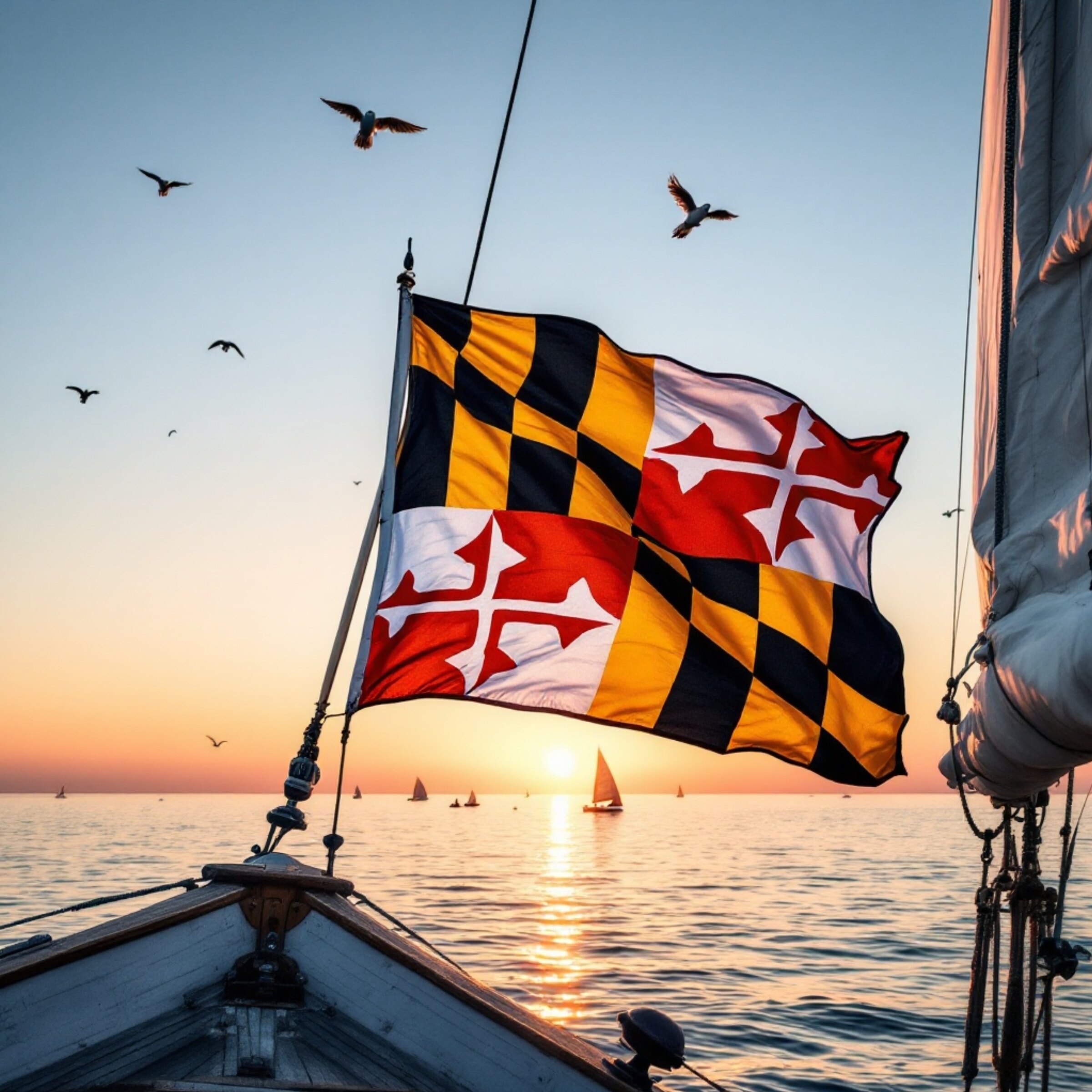 The state of Maryland Flag Flies over the Chesapeake Bay on a sailing ship.