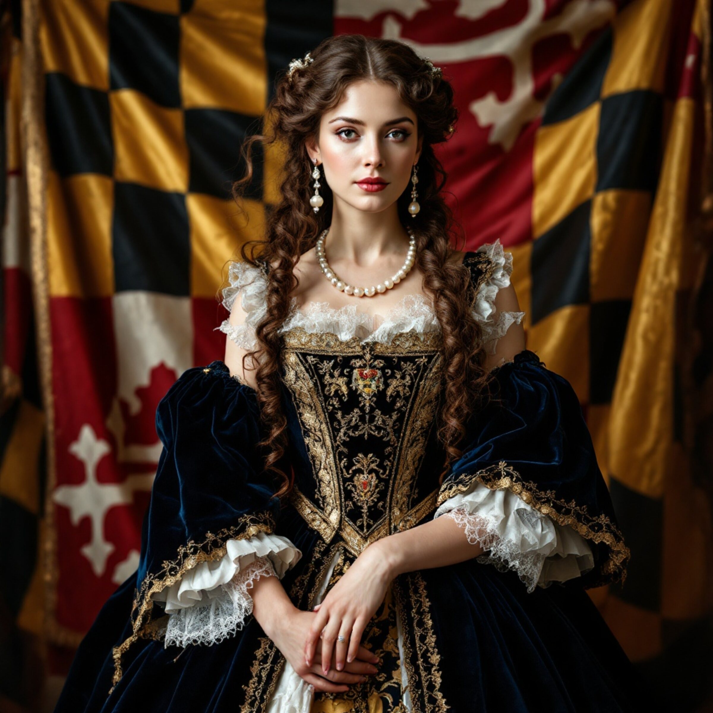 A beauitiful Queen Consort Henrietta Maria stands in front of the Maryland Flag