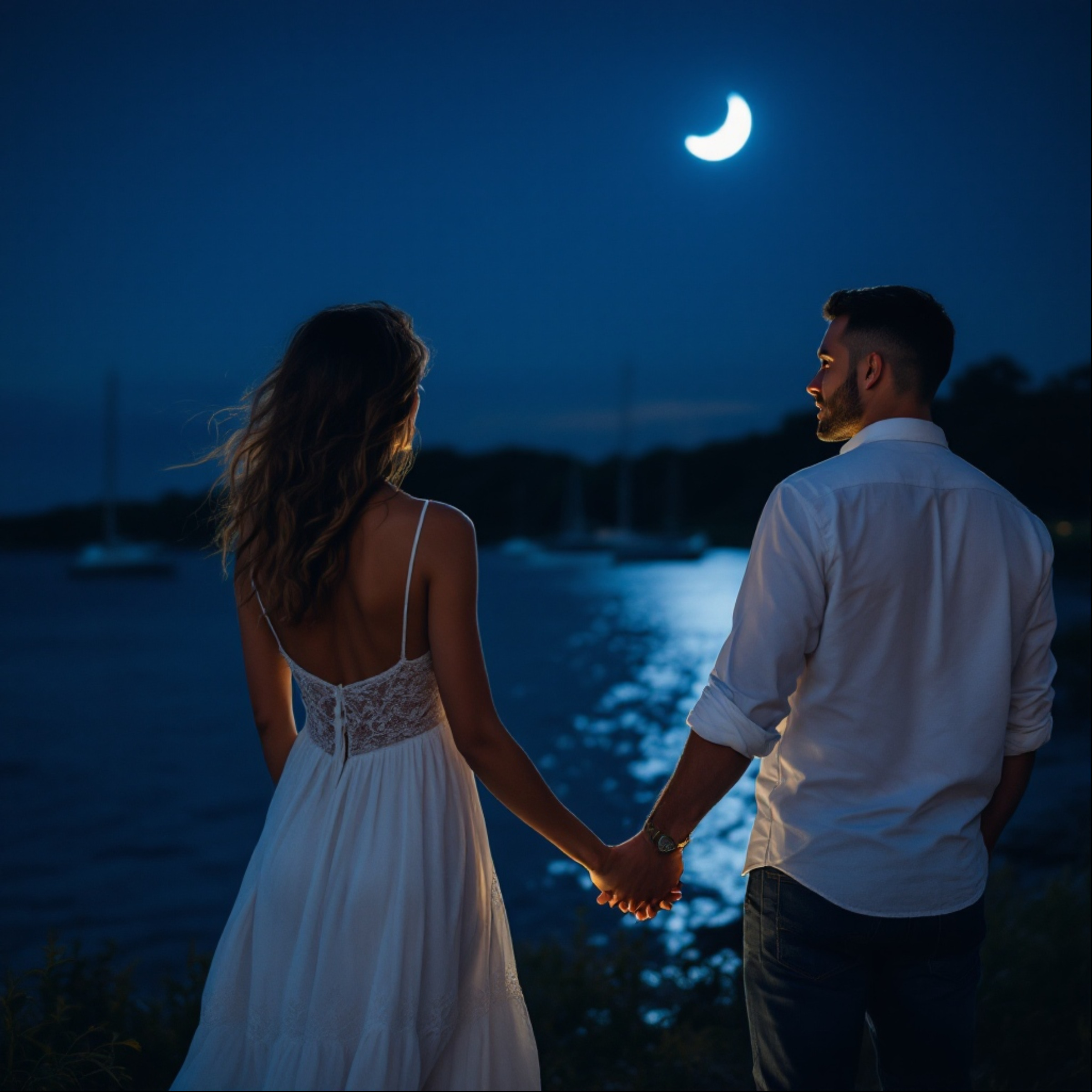 Couple enjoys a romantic evening under the moon by the bay