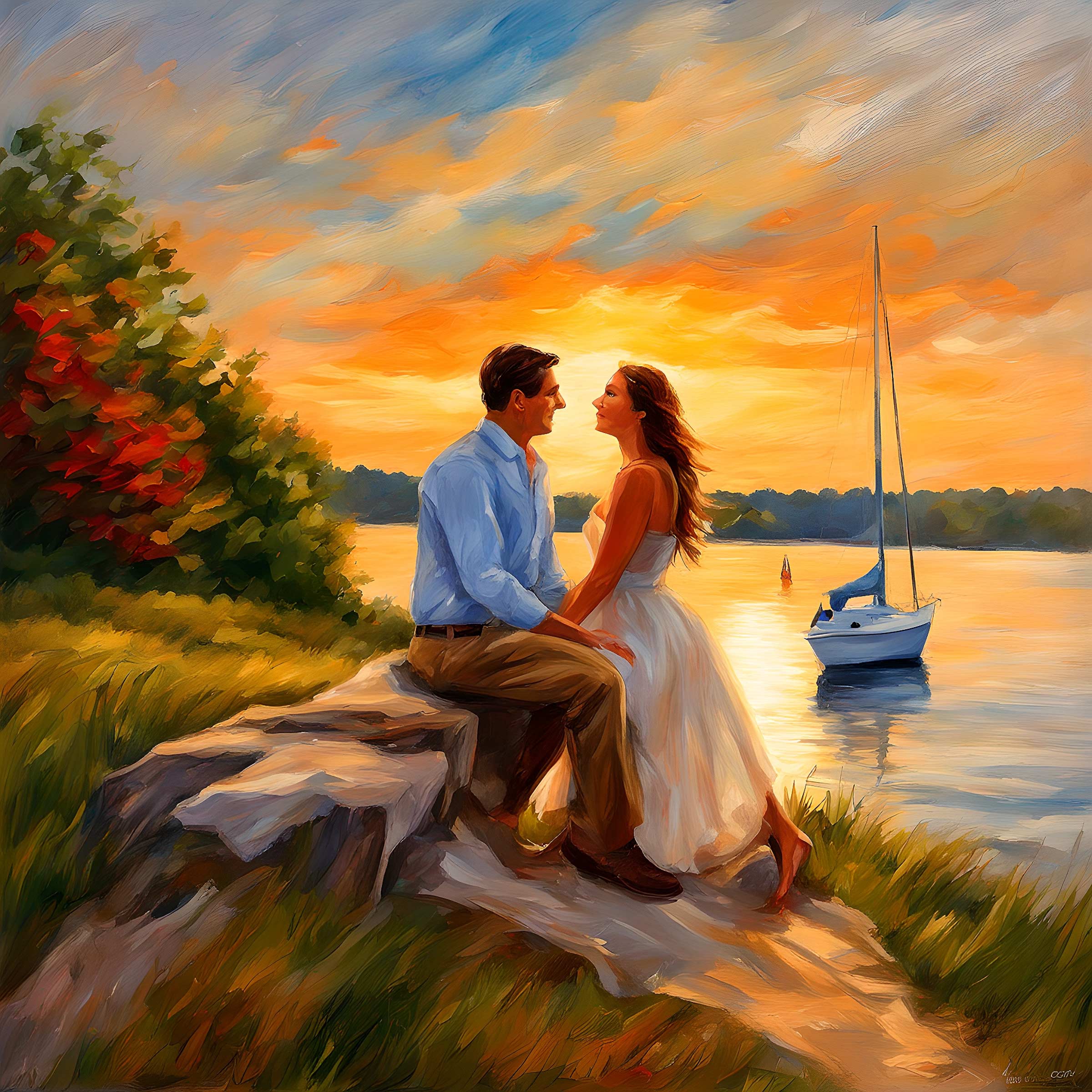 Couple sitting by the bay at sunset