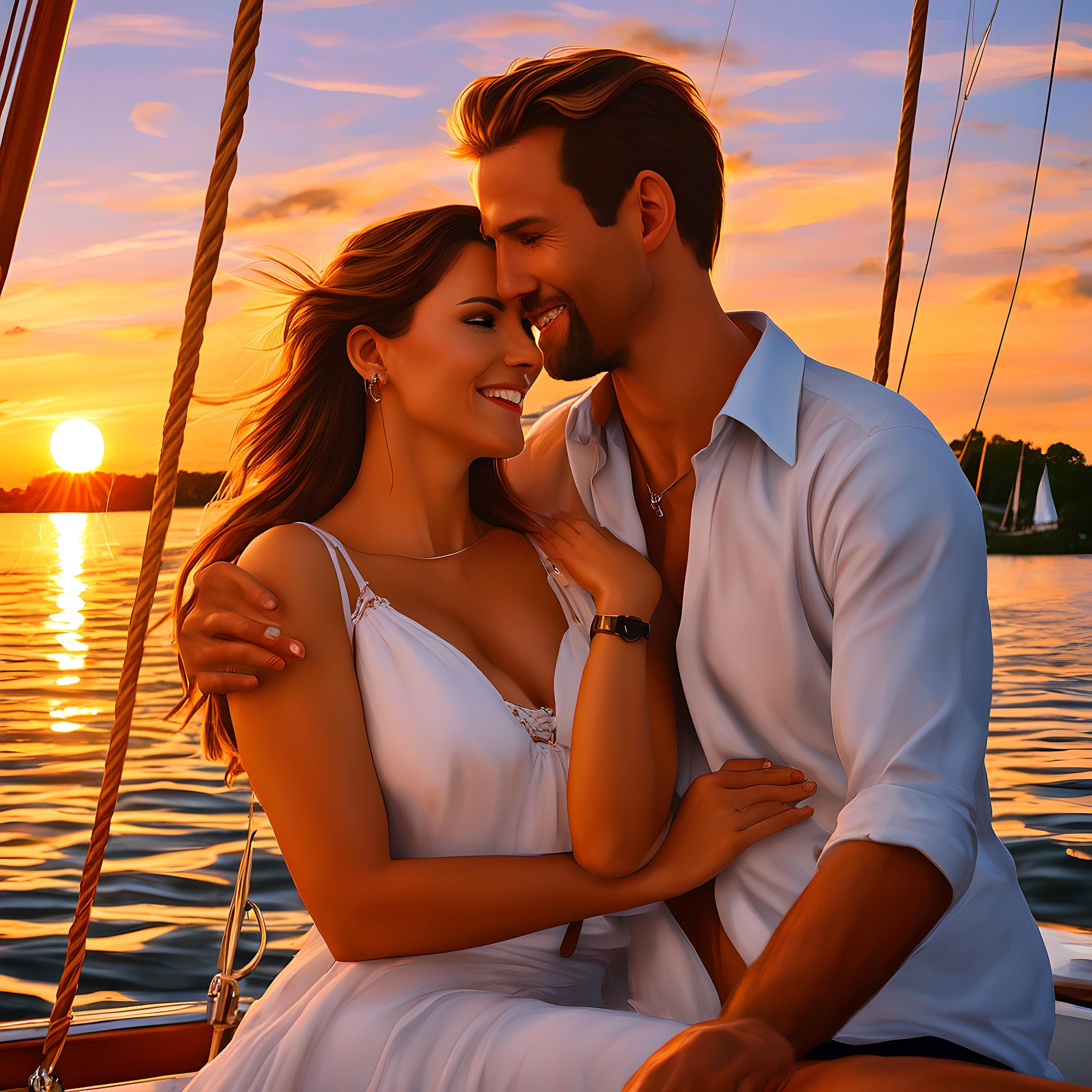 Young couple sitting on a sailboat at sunset