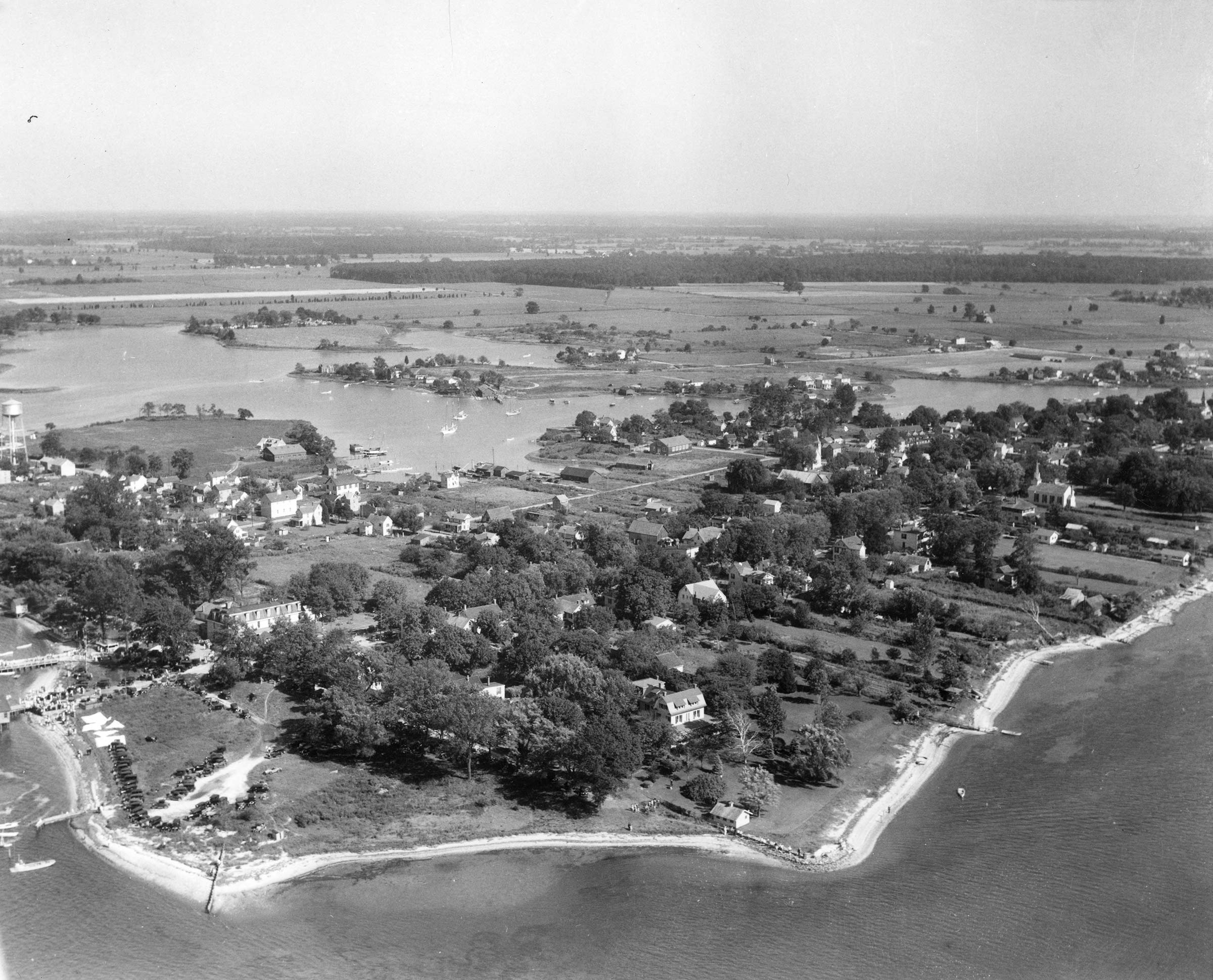 Aerial photo of Oxford, Maryland showing the town and beaches.