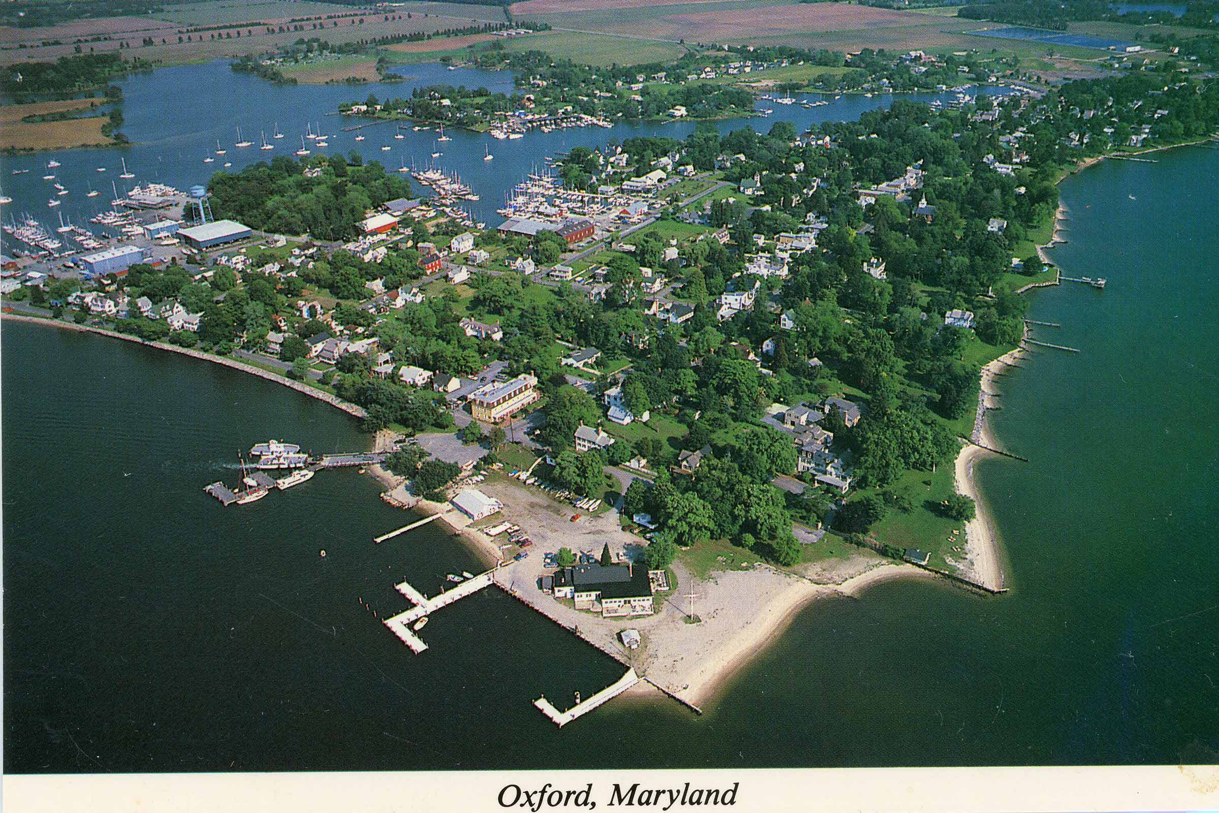 Aerial photo of Oxford, MD showing all of the town and beaches.