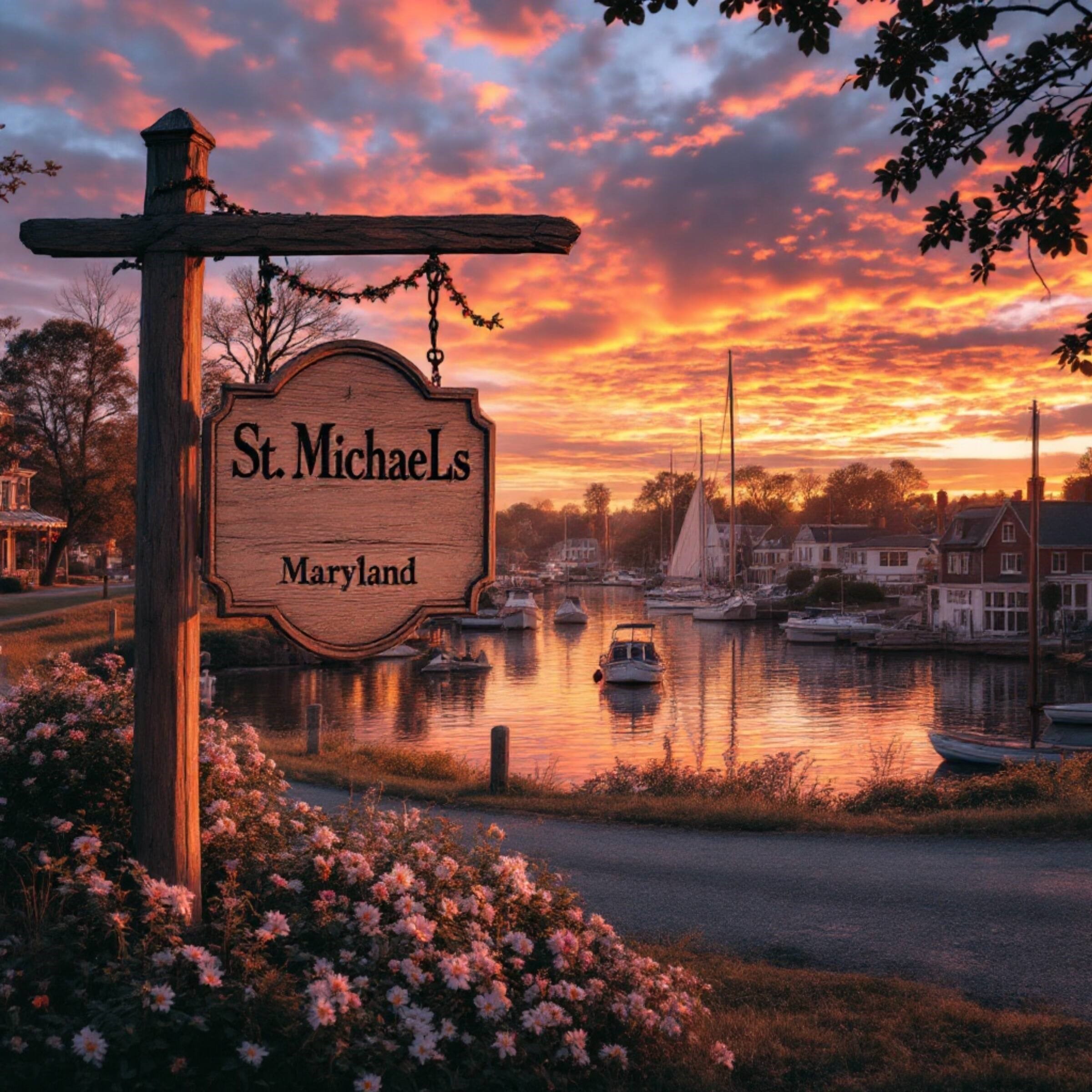 The harbor of a small waterfront town in Maryland at sunset