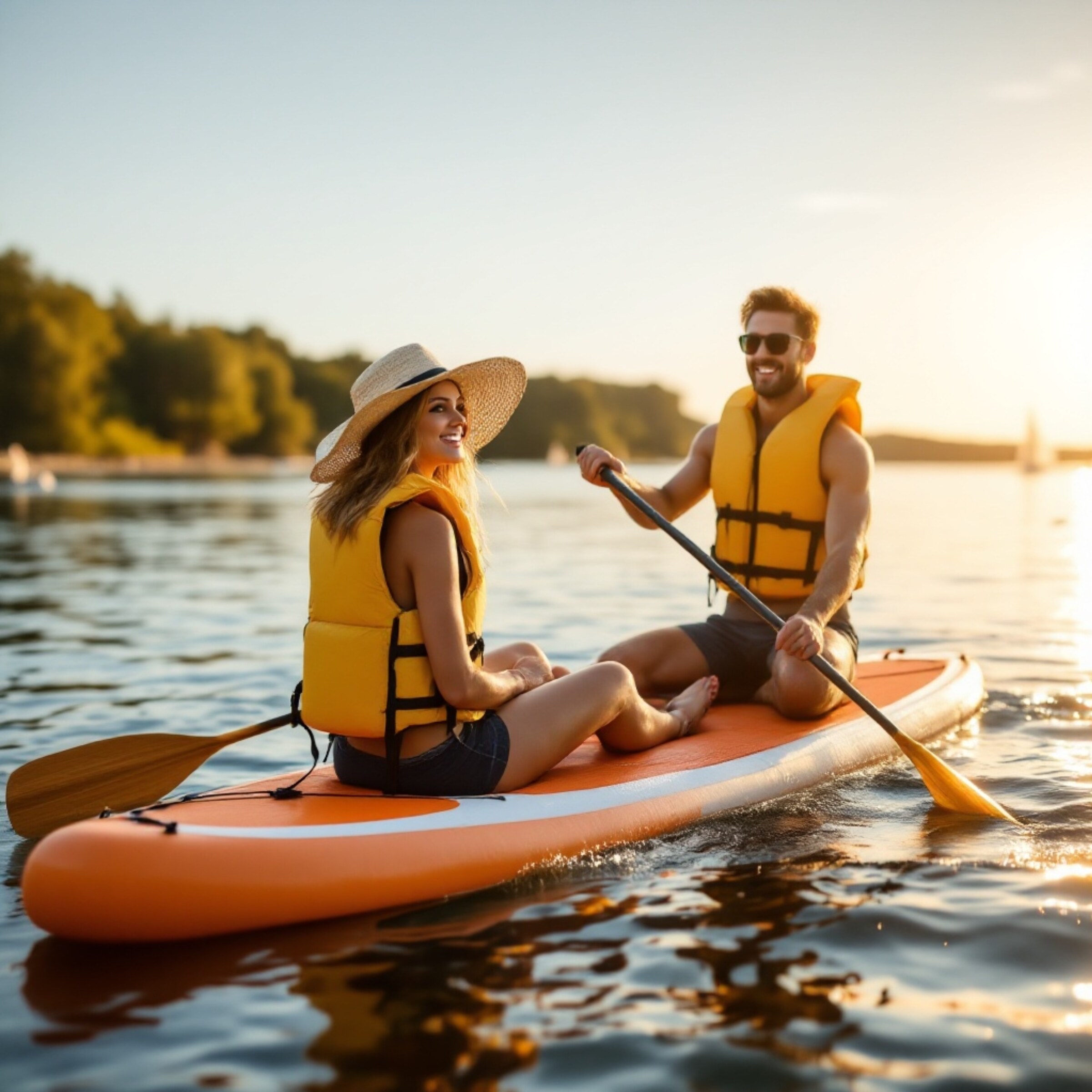 A couple on vacation paddleboarding on the Chesapeake Bay