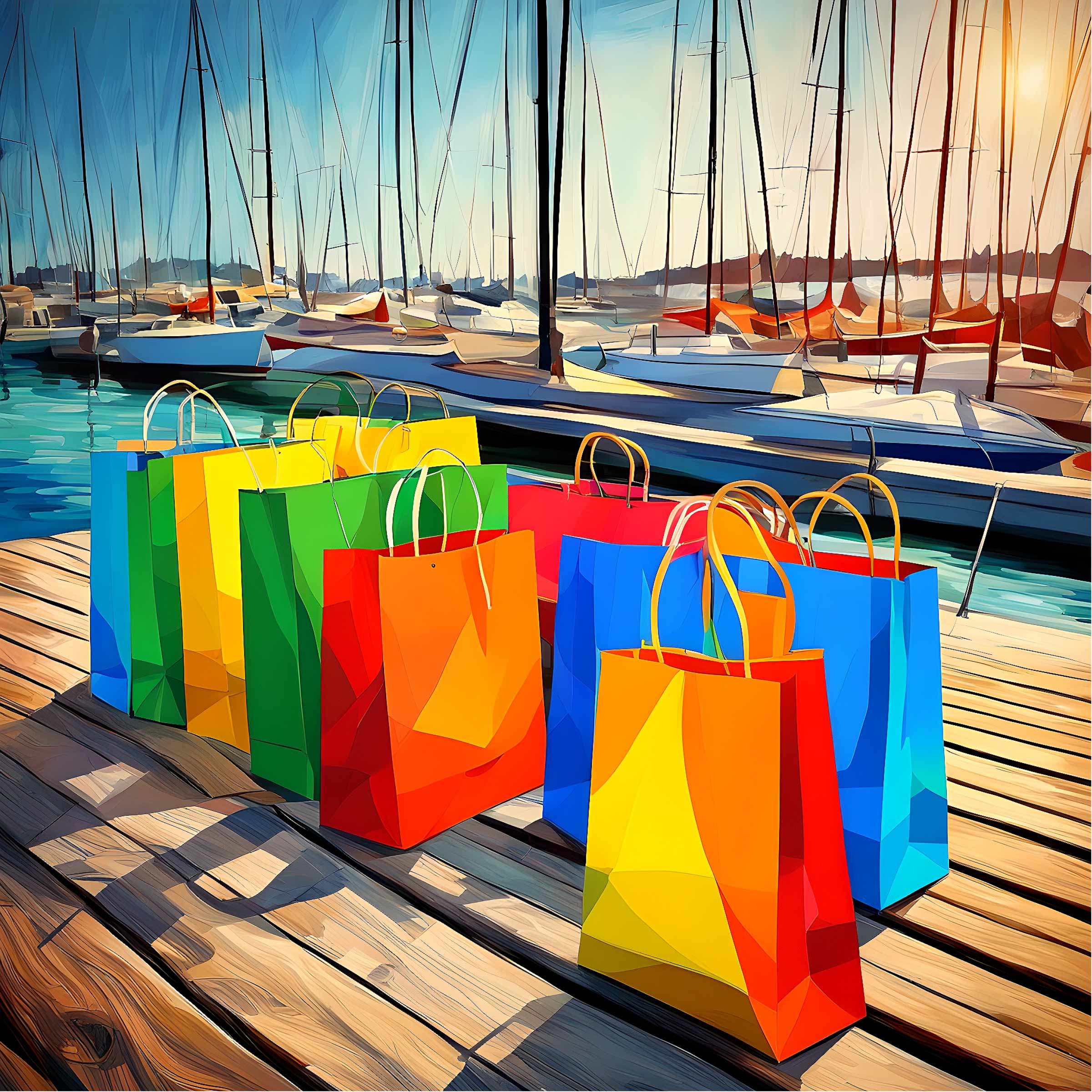Painting style photo with colorful shopping bags on a dock with sailboats
