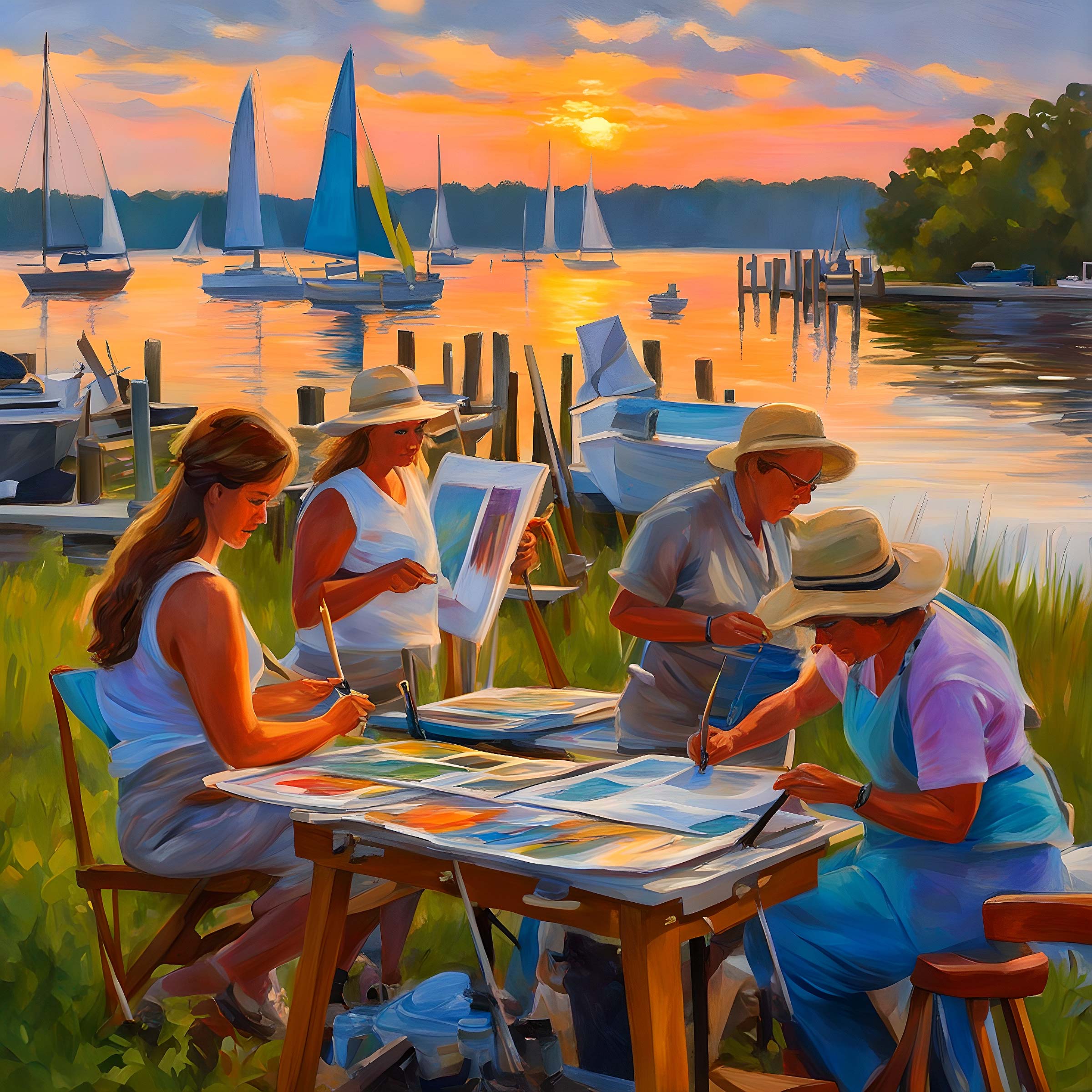 Four women artists painting outside by the sea at sunset.
